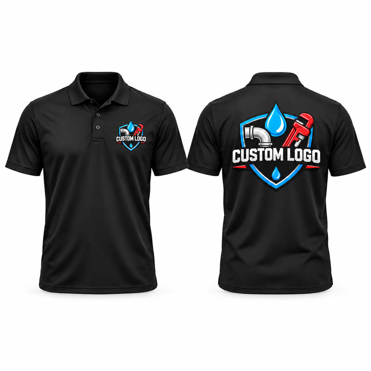 Front and back black custom Dri-Blend polos centered on white background