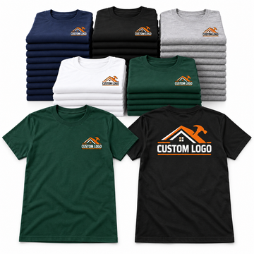 Custom T-shirt bundle showing a small left-chest construction business logo and larger centered back logo