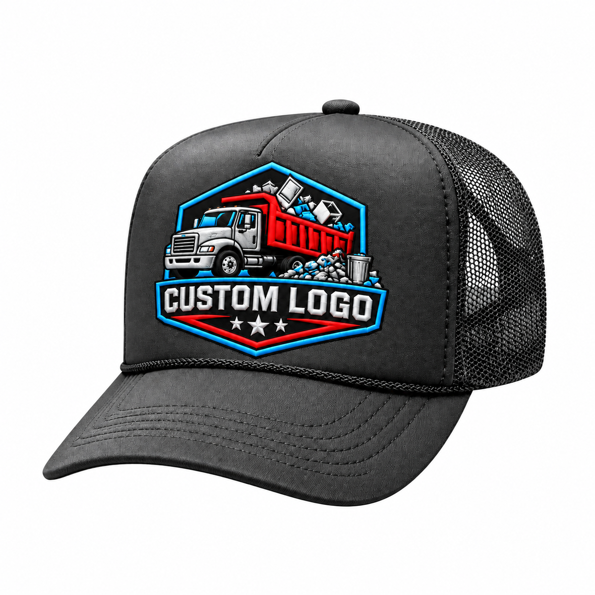 Black custom trucker hat centered on white background
